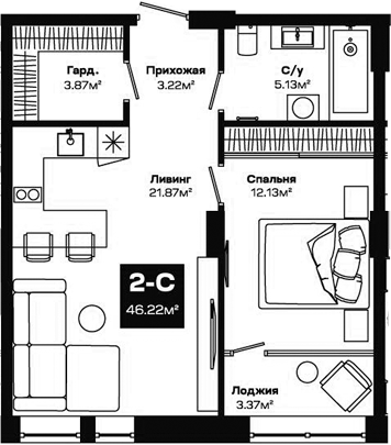 Планировка — Базилик, 2-комн., 46 м²