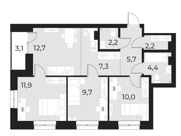 Планировка — Русское солнце, 4-комн., 66 м²