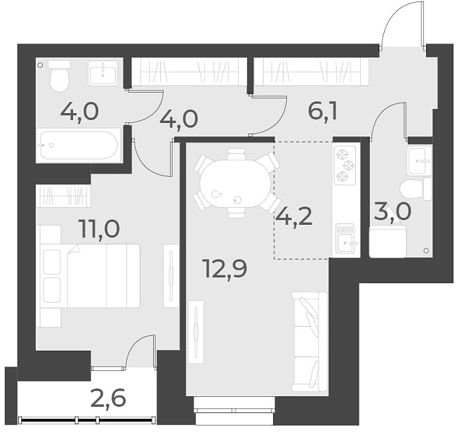 Планировка — Русское солнце, 2-комн., 45 м²