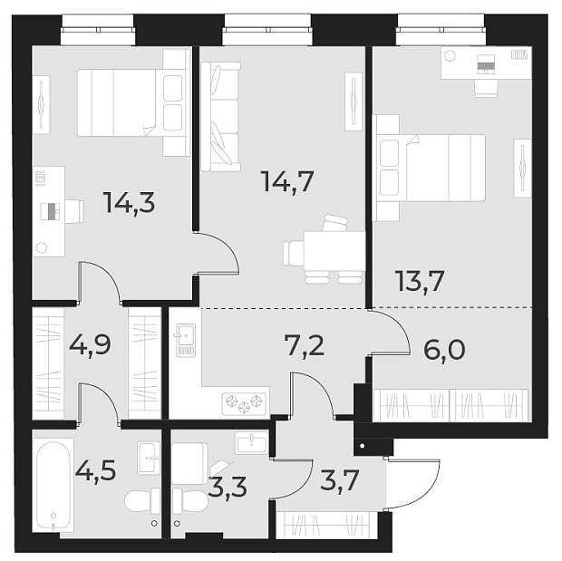 Планировка — Русское солнце, 3-комн., 72 м²