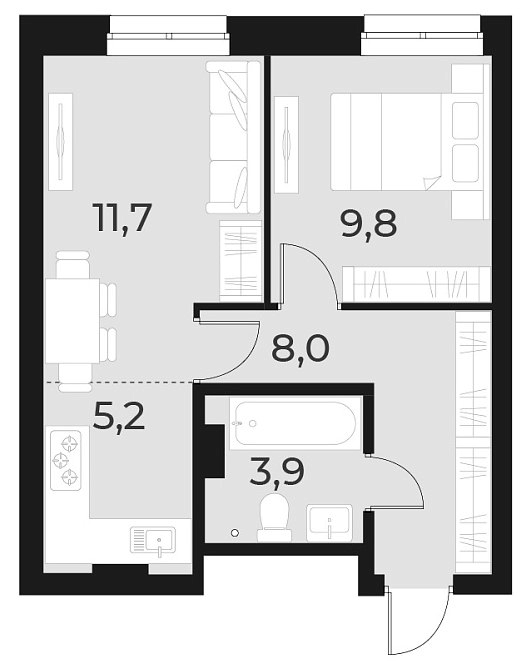Планировка — Русское солнце, 2-комн., 39 м²