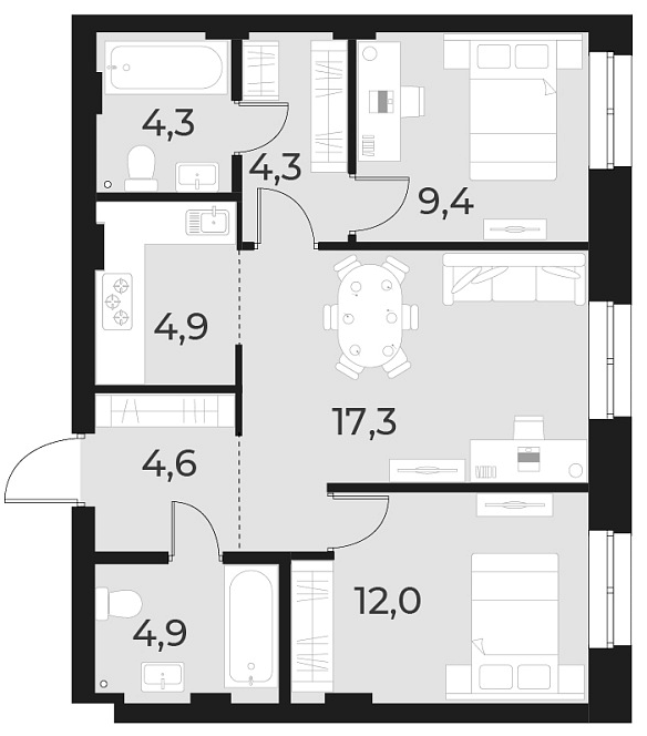 Планировка — Русское солнце, 3-комн., 62 м²