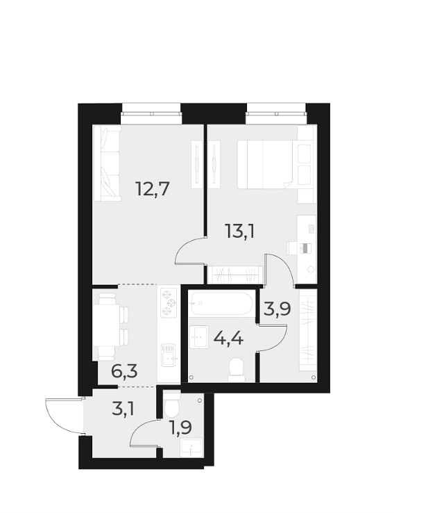 Планировка — Русское солнце, 2-комн., 45 м²