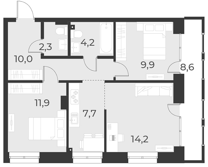 Планировка — Русское солнце, 3-комн., 60 м²