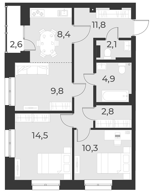 Планировка — Русское солнце, 3-комн., 65 м²