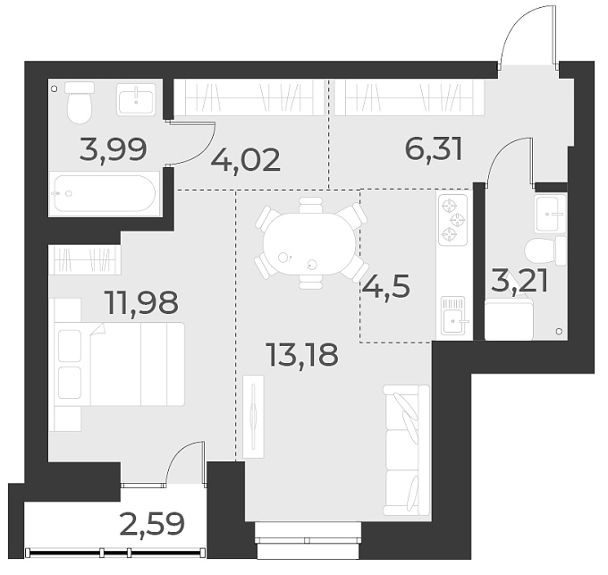 Планировка — Русское солнце, 2-комн., 47 м²