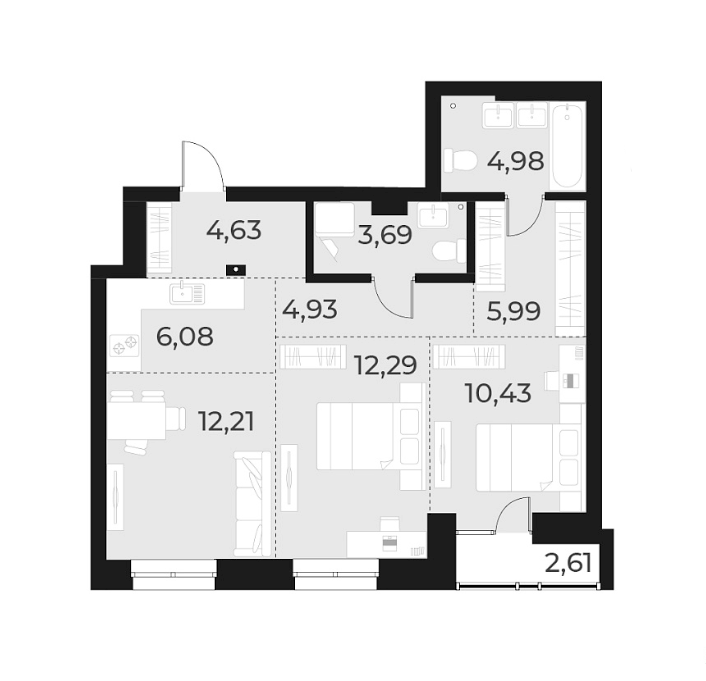 Планировка — Русское солнце, 3-комн., 65 м²