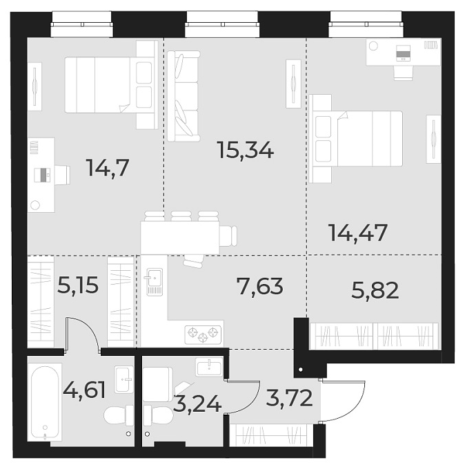 Планировка — Русское солнце, 3-комн., 75 м²