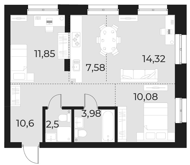 Планировка — Русское солнце, 3-комн., 61 м²