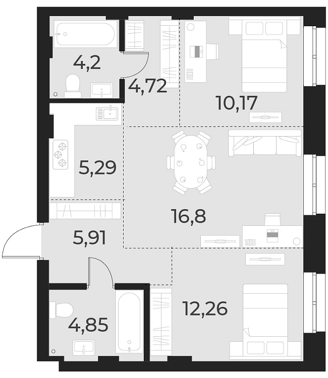 Планировка — Русское солнце, 3-комн., 64 м²