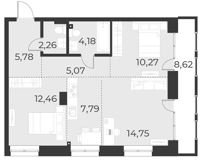Планировка — Русское солнце, 3-комн., 63 м²