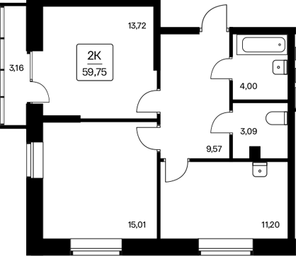 Планировка — Расцветай на Дуси Ковальчук, 2-комн., 57 м²