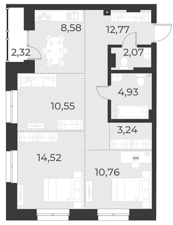 Планировка — Русское солнце, 3-комн., 67 м²
