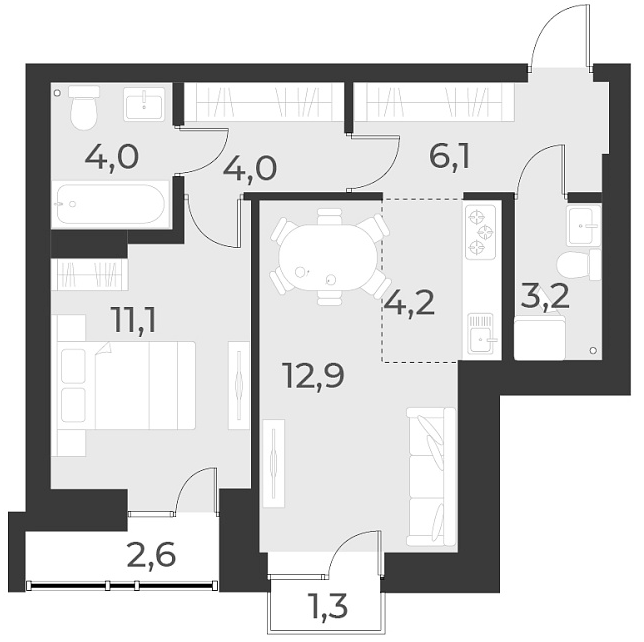 Планировка — Русское солнце, 2-комн., 46 м²