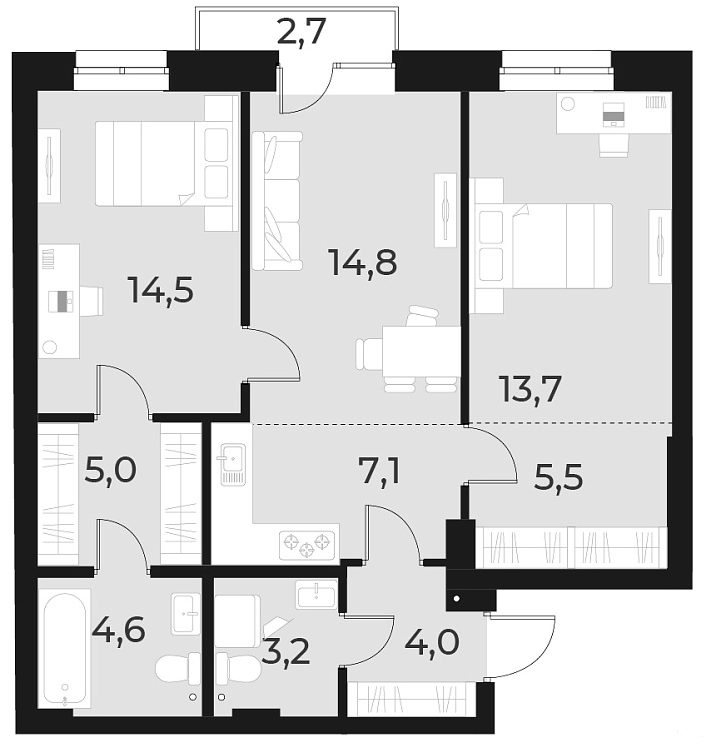 Планировка — Русское солнце, 3-комн., 72 м²