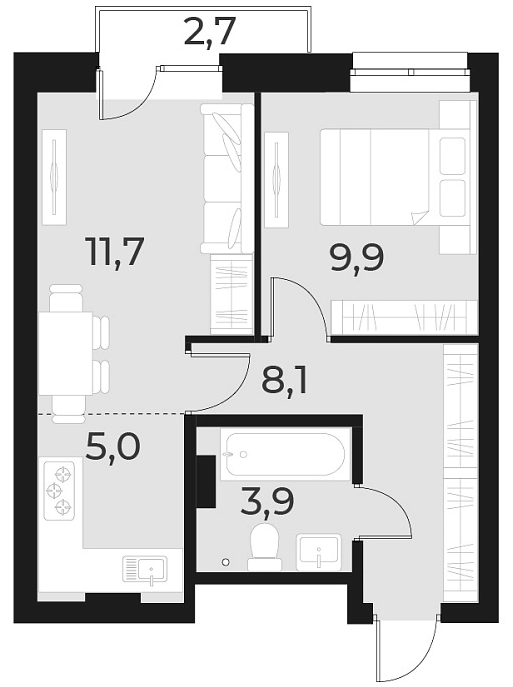 Планировка — Русское солнце, 2-комн., 39 м²