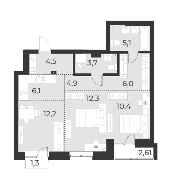 Планировка — Русское солнце, 3-комн., 65 м²
