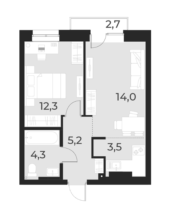 Планировка — Русское солнце, 2-комн., 39 м²
