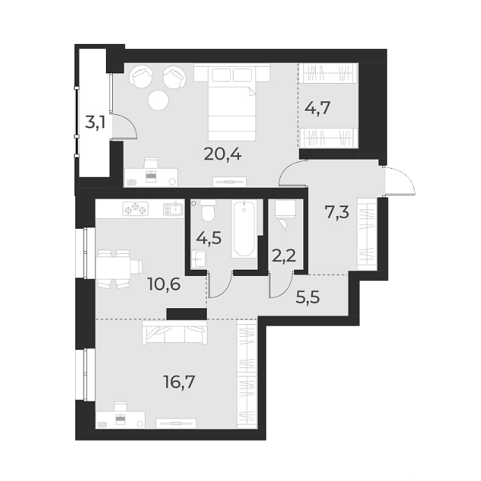 Планировка — Русское солнце, 2-комн., 72 м²