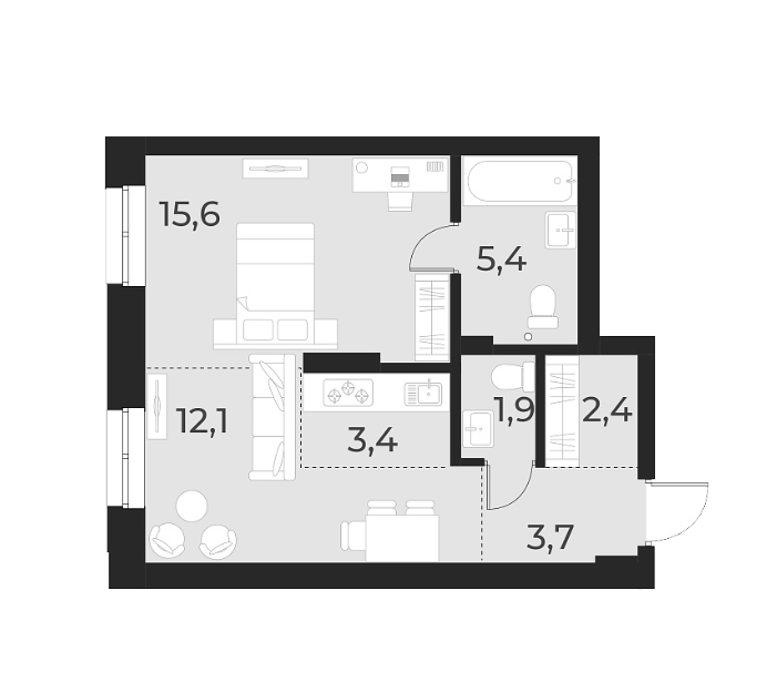 Планировка — Русское солнце, 2-комн., 45 м²