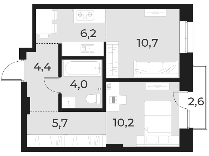 Планировка — Русское солнце, 2-комн., 41 м²