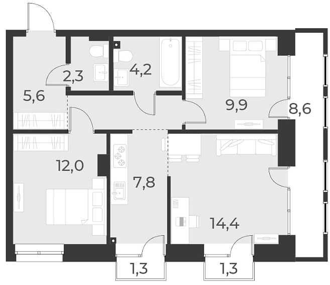 Планировка — Русское солнце, 3-комн., 61 м²