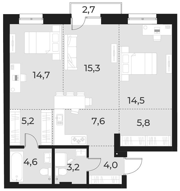 Планировка — Русское солнце, 3-комн., 75 м²