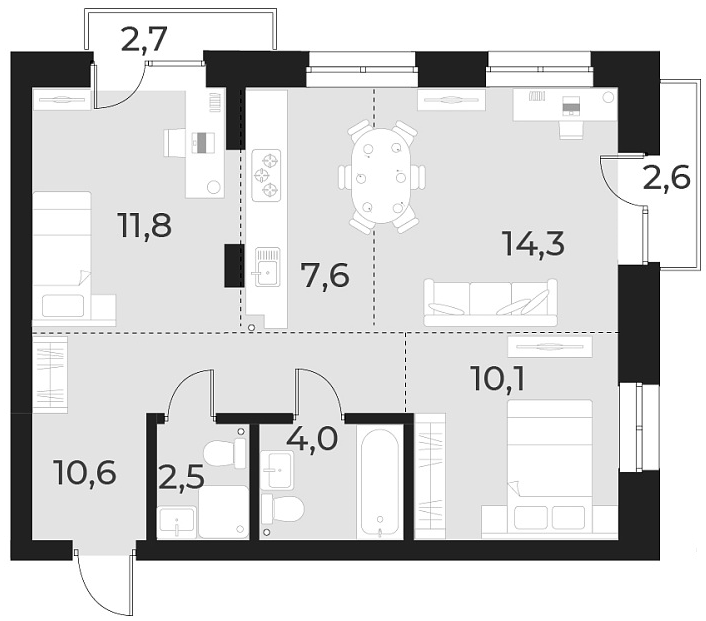 Планировка — Русское солнце, 3-комн., 61 м²