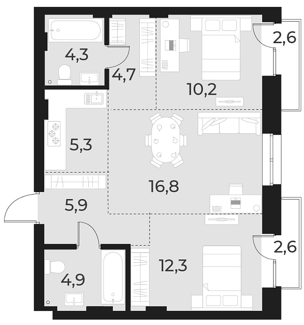 Планировка — Русское солнце, 3-комн., 64 м²