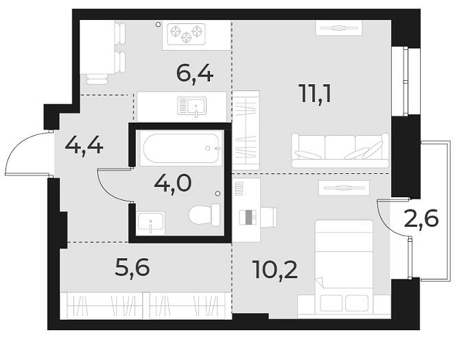 Планировка — Русское солнце, 2-комн., 42 м²
