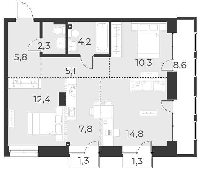 Планировка — Русское солнце, 3-комн., 63 м²