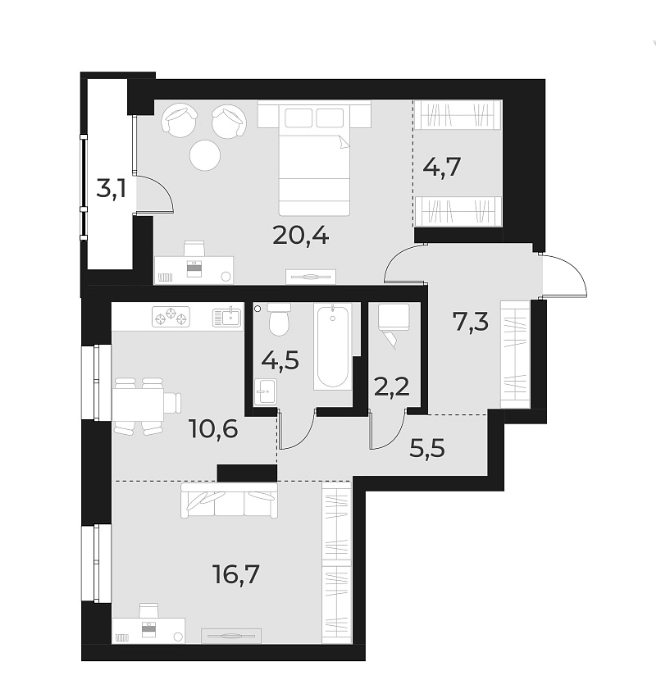 Планировка — Русское солнце, 2-комн., 72 м²