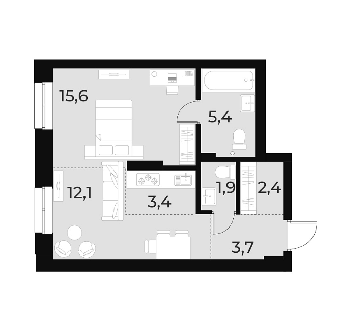 Планировка — Русское солнце, 2-комн., 45 м²