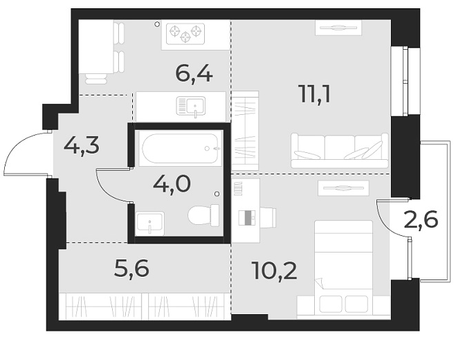 Планировка — Русское солнце, 2-комн., 42 м²