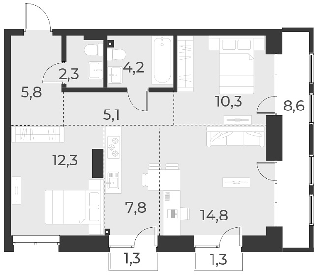 Планировка — Русское солнце, 3-комн., 63 м²