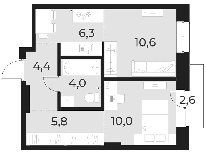 Планировка — Русское солнце, 2-комн., 41 м²