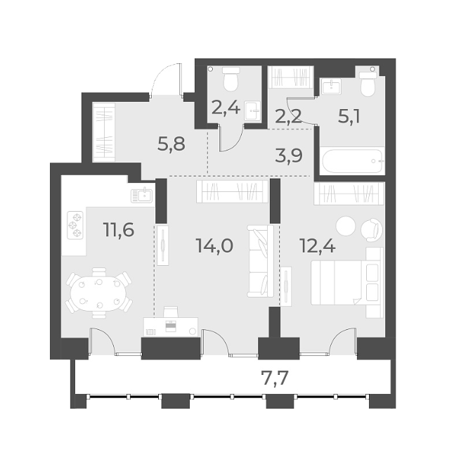 Планировка — Русское солнце, 2-комн., 57 м²