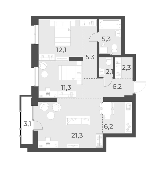 Планировка — Русское солнце, 3-комн., 72 м²