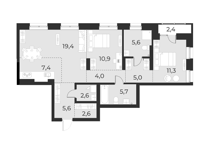 Планировка — Русское солнце, 3-комн., 80 м²
