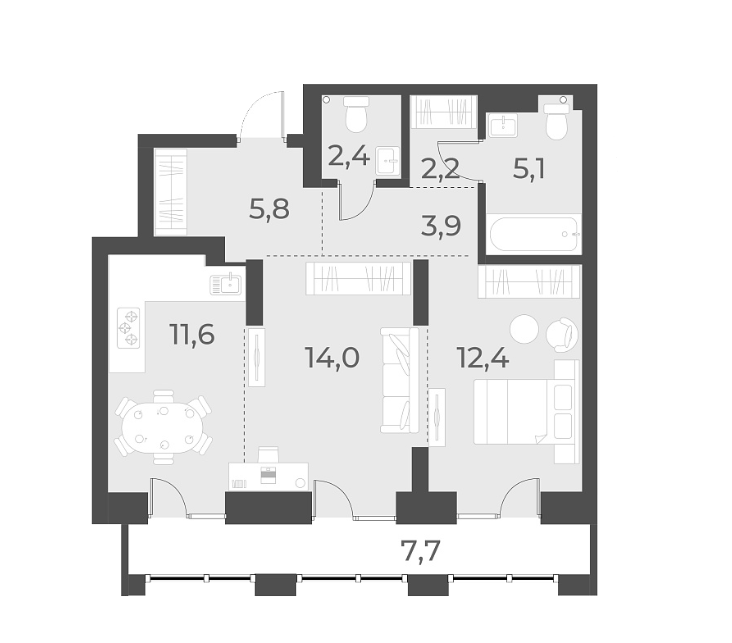 Планировка — Русское солнце, 2-комн., 57 м²