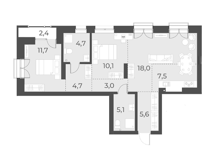 Планировка — Русское солнце, 3-комн., 70 м²