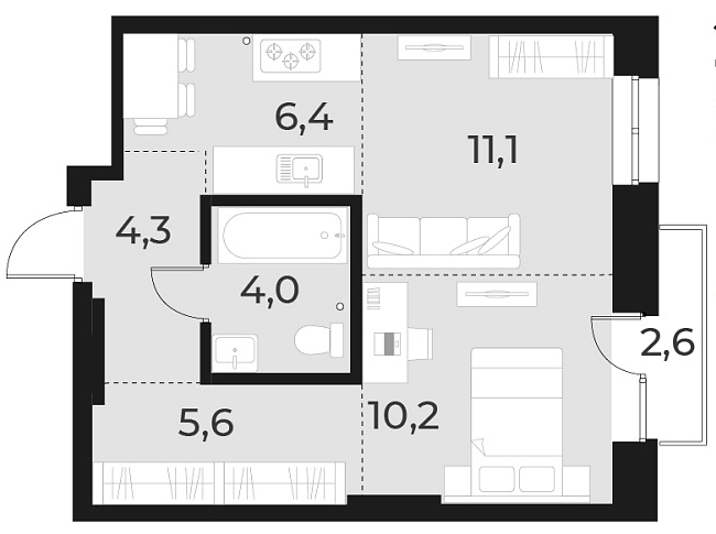 Планировка — Русское солнце, 2-комн., 42 м²