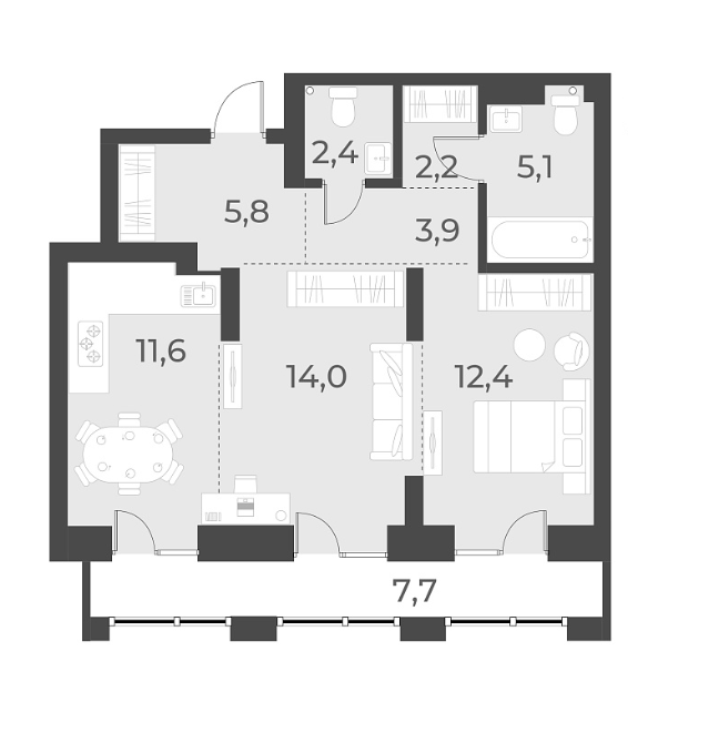 Планировка — Русское солнце, 2-комн., 57 м²