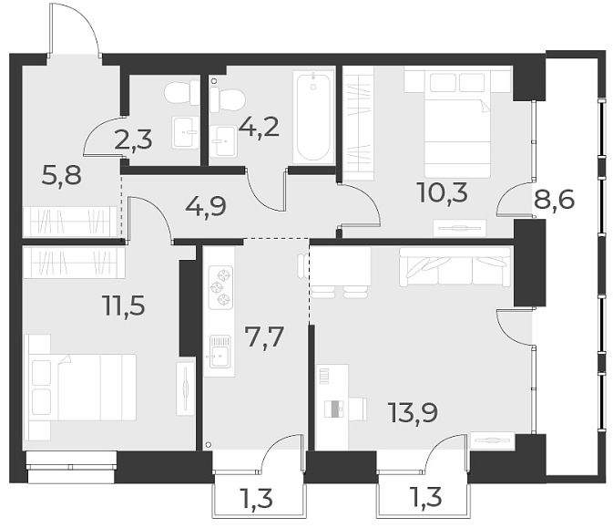 Планировка — Русское солнце, 3-комн., 61 м²