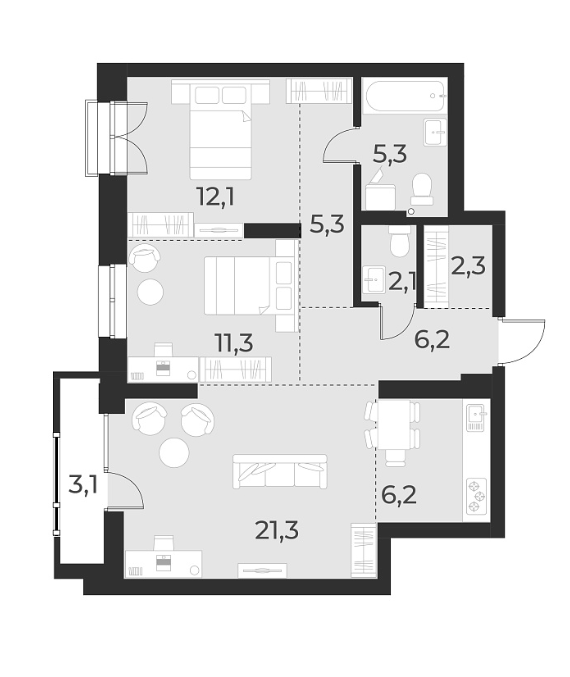 Планировка — Русское солнце, 3-комн., 72 м²