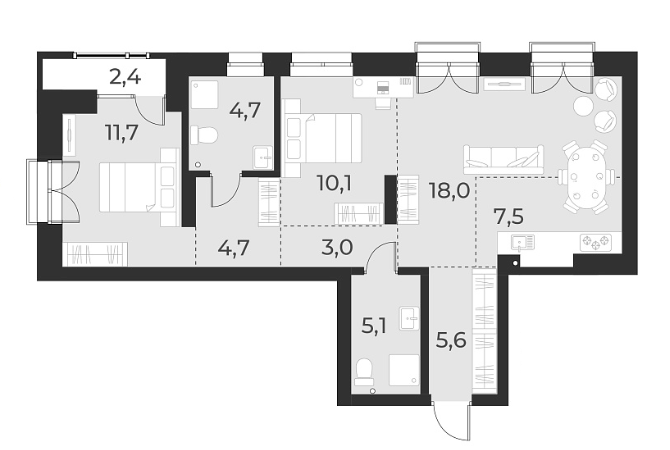 Планировка — Русское солнце, 3-комн., 70 м²