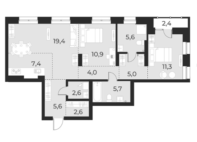 Планировка — Русское солнце, 3-комн., 80 м²