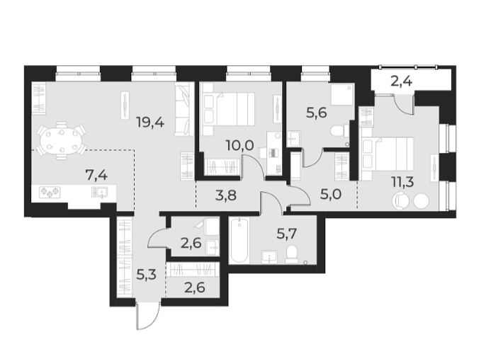Планировка — Русское солнце, 3-комн., 79 м²