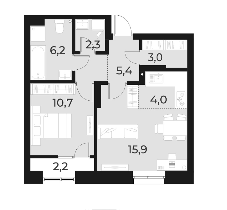 Планировка — Русское солнце, 2-комн., 48 м²