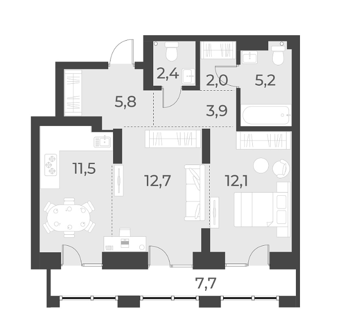 Планировка — Русское солнце, 2-комн., 56 м²